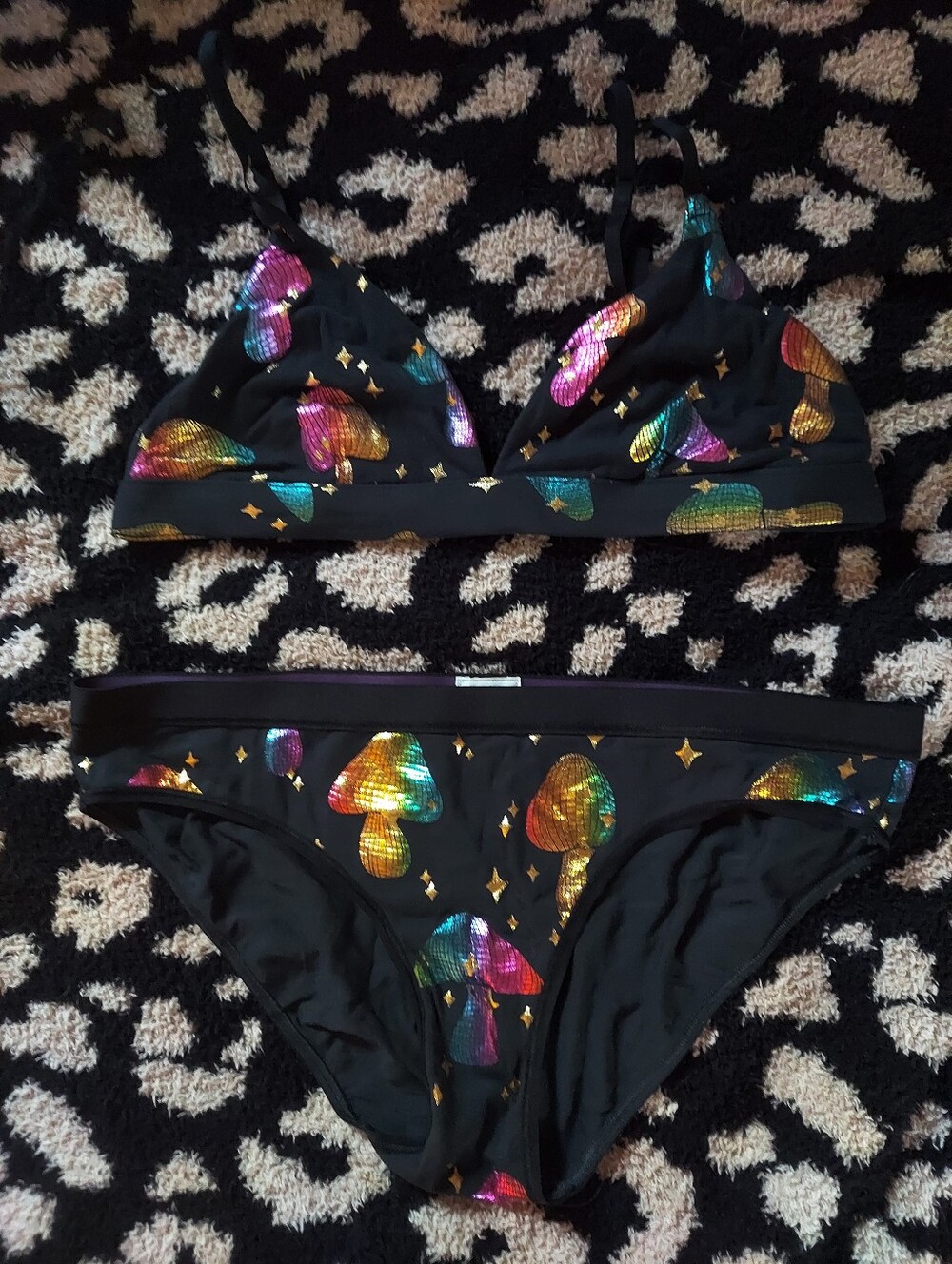 Black Bra Set with Iridescent Rainbow Mushroom Print